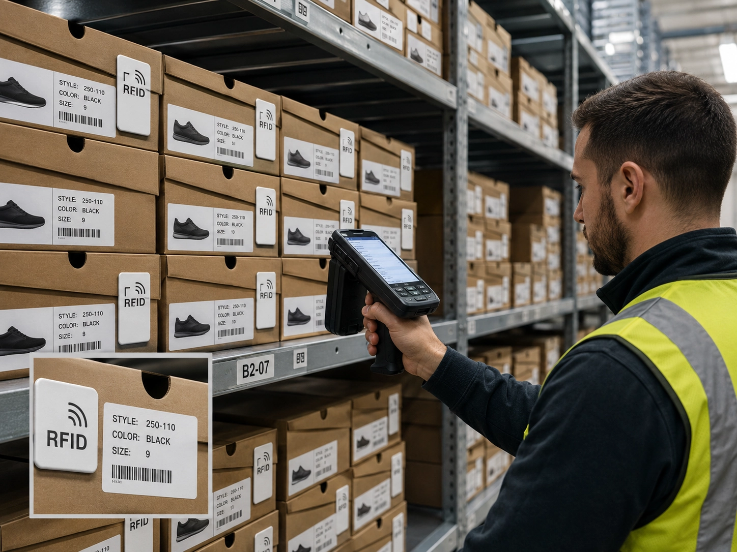 RFID shoes tag used for footwear inventory management tracking in a retail warehouse